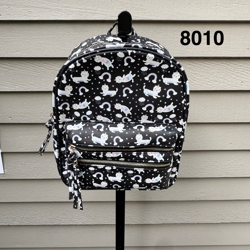 Under One Sky Caticorn Rainbow Mini Backpack Black Faux Leather Kawaii Bag - Picture 1 of 11
